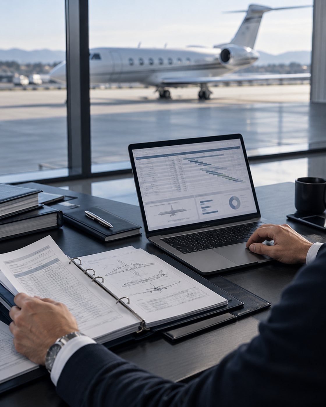 CAMO engineer reviewing aircraft maintenance records and a planning schedule, with a business jet outside the window