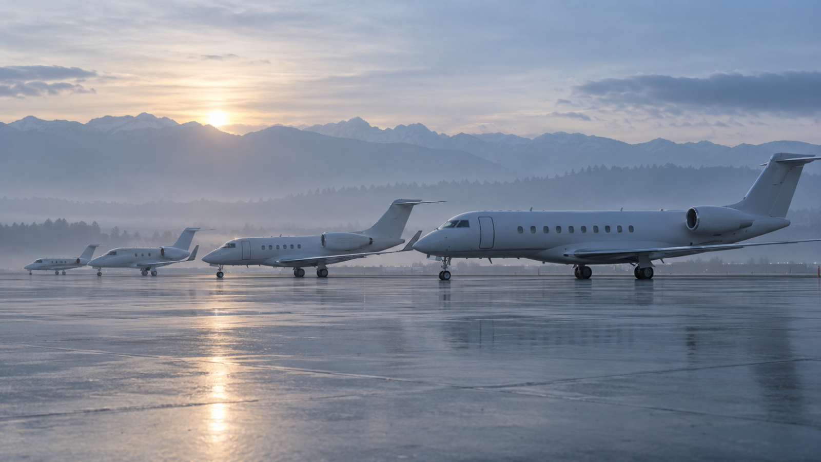 Business jets of different sizes lined up on an apron at dawn
